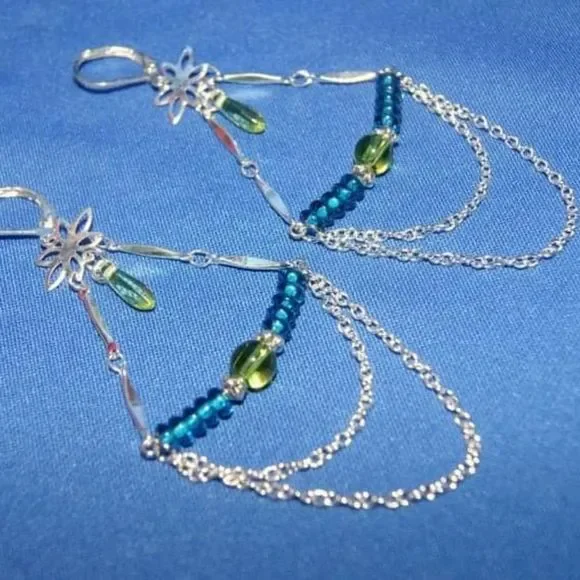 Handmade Glass Bead & Silver Plated Chandelier Long Dangle Earrings - Picture 3 of 5